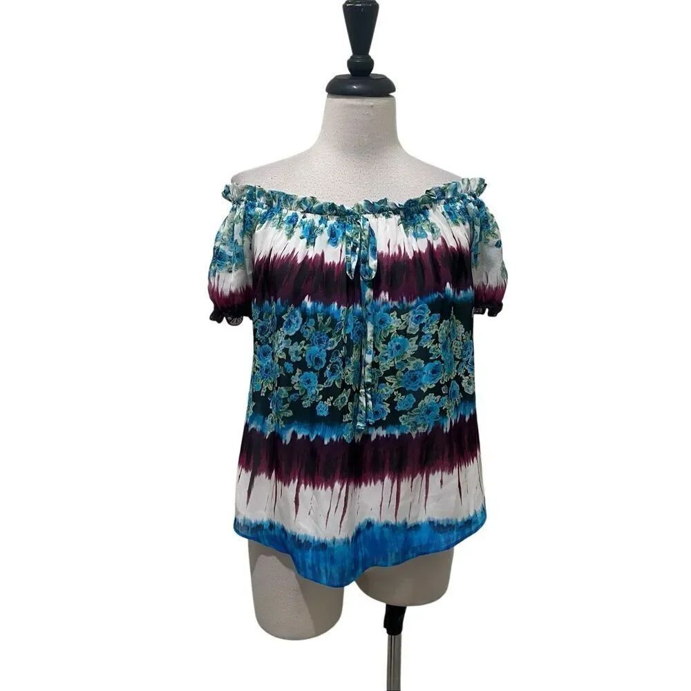 Analili Womens Floral Tie Dye Off-The-Shoulder Silk Blouse Multicolor XS NWT